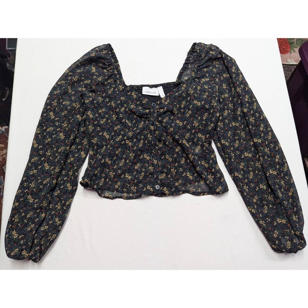 Willow + Root Black Floral Square Neck Button Front Smocked Crop Top Small